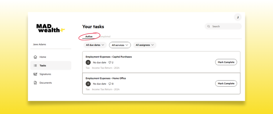 Client Portal - Tasks Active